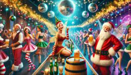 DALL·E 2024-12-22 15.25.02 - A lively Christmas beer party in a nightclub featuring cheerful Christmas fairies and tipsy Santa Clauses. The club is decorated with vibrant holiday .webp